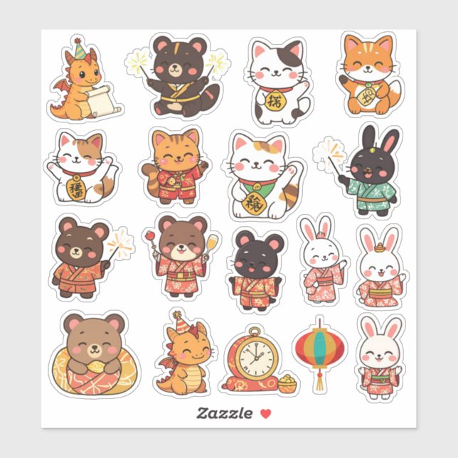 Cute Chibi Lunar New Year Animals Vinyl Stickers Aufkleber (Blatt)
