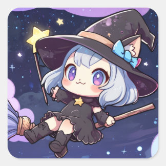 Cute Chibi Witch Flying in the Night Sky – Whimsic Quadratischer Aufkleber