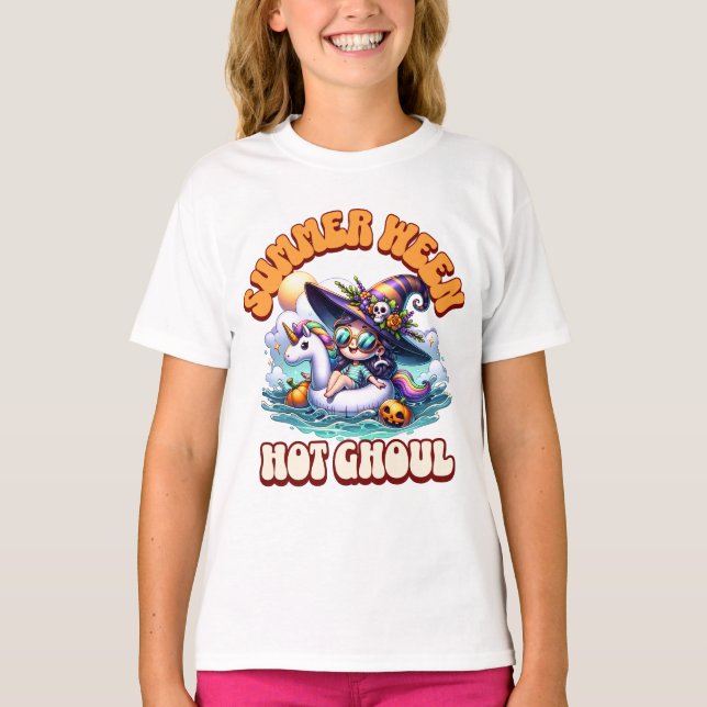 Cute Chibi Witch Unicorn Float Summerween Ghoul T-Shirt (Vorderseite)