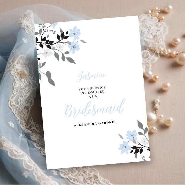 Cute Chic Blue Floral Bunch Wedding Bridesmaid Einladung (Exquisite Sophisticated Pale Blue Floral Bunch Wedding Bridesmaid Proposal Card.)