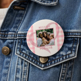 Cute Chic Pink Check Photo Besties Galentine's Day Button