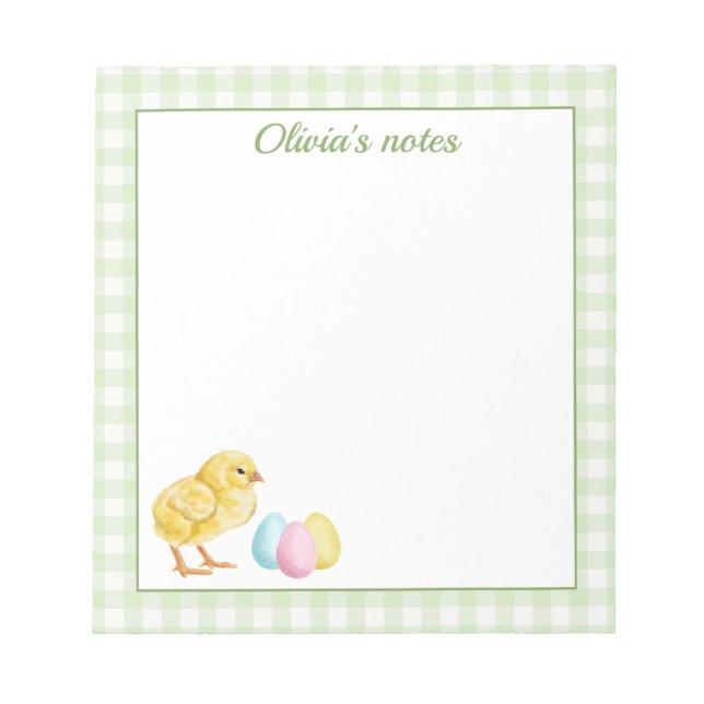 Cute Chick And Pastel Eggs On Green Gingham Easter Notizblock (Vorderseite)