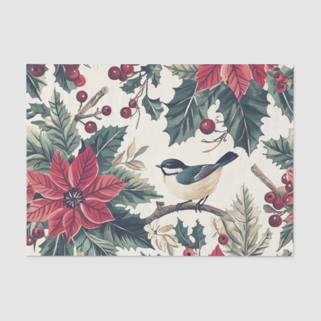 Cute Chickadee on a Holly Branch with Poinsettias Seidenpapier (Vorderseite)