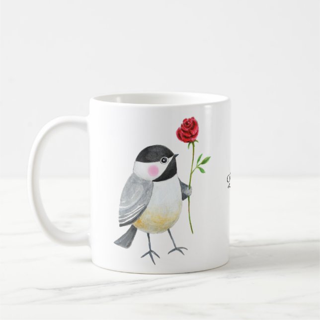 Cute Chickadee with a single red rose Custom Name  Kaffeetasse (Links)