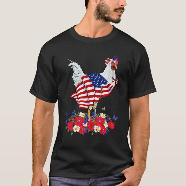 Cute Chicken Bow Tie American Flag Flowers Happy 4 T-Shirt (Vorderseite)