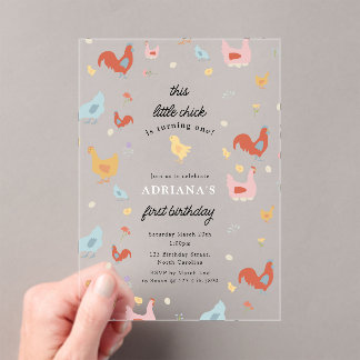 Cute Chickens Hens and Chick Girl First Birthday Acryleinladungen