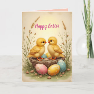 Cute chicks and colorful Easter eggs, nostalgic Feiertagskarte