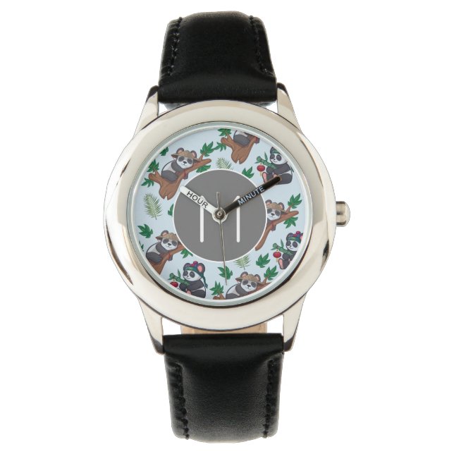 Cute Chinese Pandas Pattern Monogram Armbanduhr (Vorderseite)