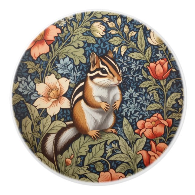 Cute Chipmunk William Morris Inspired Floral Keramikknauf (Vorderseite)