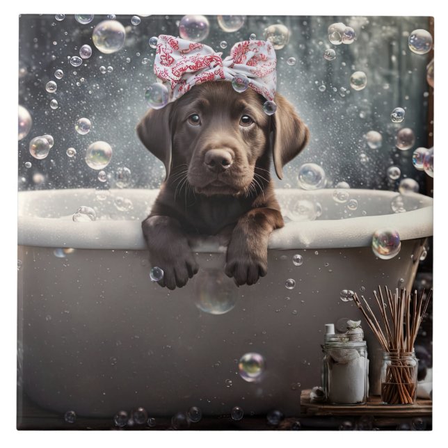Cute Chocolate Lab Puppy Dog Spa Bubble Bath Fliese (Vorderseite)