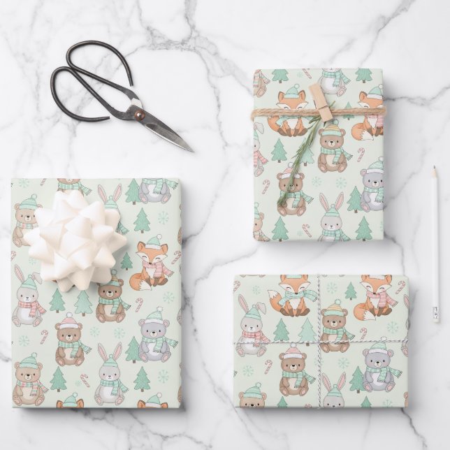 Cute Christmas Animals Seamless Pattern Geschenkpapier Set (Vorderseite)