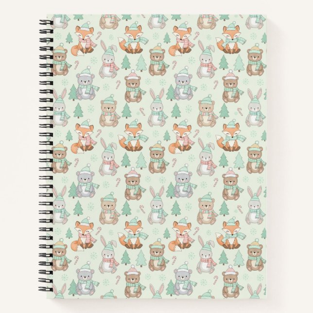 Cute Christmas Animals Seamless Pattern Notizbuch (Vorderseite)
