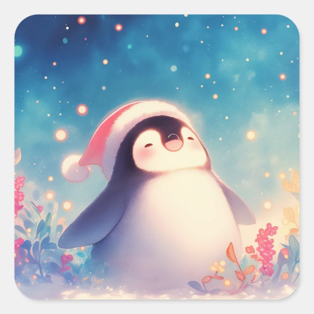 Cute Christmas Baby Penguin in Santa Hat Quadratischer Aufkleber (Vorderseite)