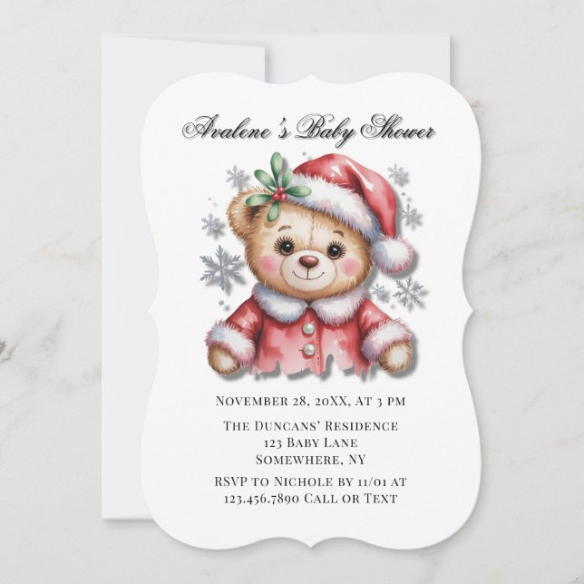 Cute Christmas Bear and Snowflakes Baby Shower Einladung (Vorderseite)