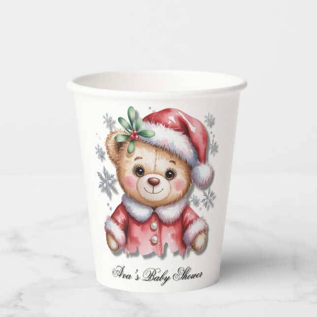 Cute Christmas Bear and Snowflakes Baby Shower Pappbecher (Vorderseite)