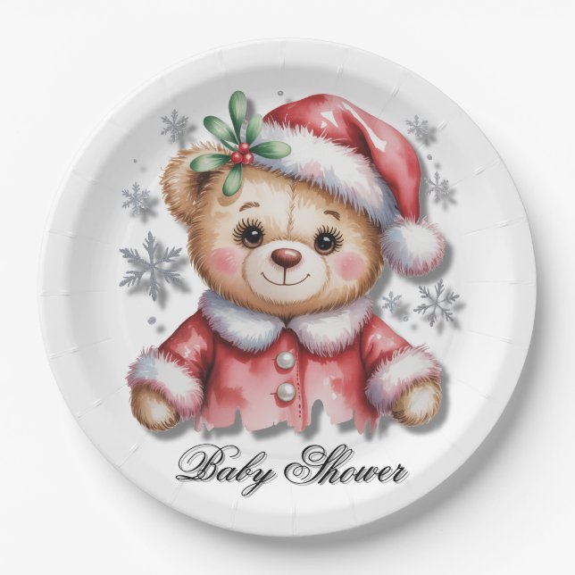Cute Christmas Bear and Snowflakes Pappteller (Vorderseite)