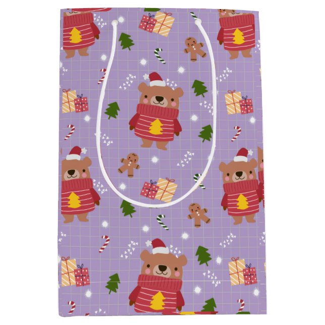 Cute Christmas Bear Pattern | Cozy Holiday Winter  Mittlere Geschenktüte (Vorderseite)