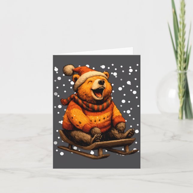 Cute Christmas Bear Sledding In Snow Funny Winter  Karte (Vorderseite)