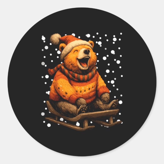 Cute Christmas Bear Sledding In Snow Funny Winter  Runder Aufkleber (Vorderseite)