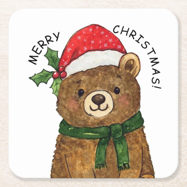 Cute christmas bear with santa hat rechteckiger pappuntersetzer (Vorderseite)