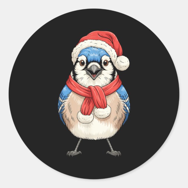 Cute Christmas Blue Jay Santa Bird Watching  Runder Aufkleber (Vorderseite)