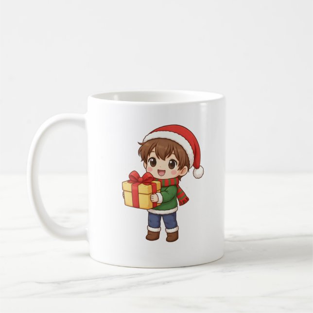 Cute Christmas Boy Holding Gift Mug Kaffeetasse (Links)