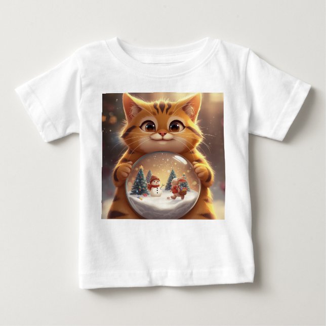 Cute Christmas Cat Holding Snow Globe Art Baby T-shirt (Vorderseite)