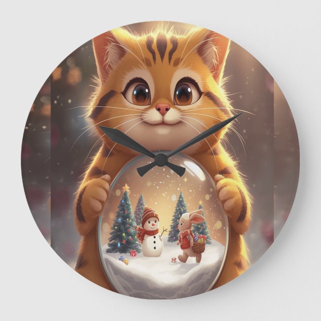 Cute Christmas Cat Holding Snow Globe Art Große Wanduhr (Vorderseite)