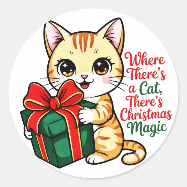 Cute Christmas Cat Holiday Decal for Cat Lover Runder Aufkleber (Vorderseite)
