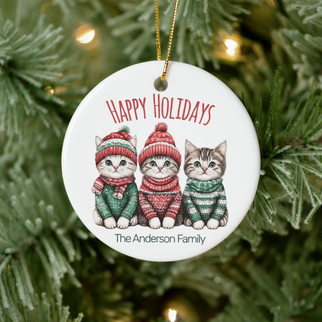Cute Christmas Cat Ornament | Custom Family Name (Baum)