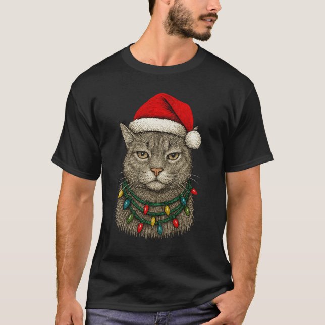Cute Christmas Cat Wearing Santa Hat and Holiday  T-Shirt (Vorderseite)