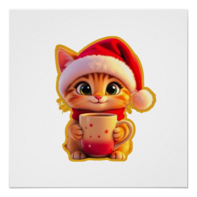 **Cute Christmas Cat with Santa Hat – Funny Holida Poster (Vorderseite)