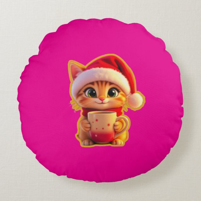 **Cute Christmas Cat with Santa Hat – Funny Holida Rundes Kissen (Vorderseite)