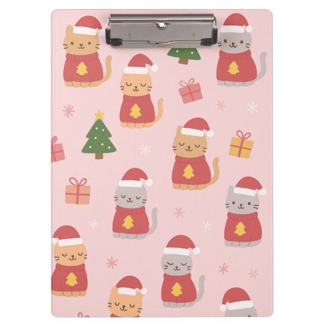 Cute Christmas Cats Pattern – Pink Holiday Design Klemmbrett (Vorderseite)