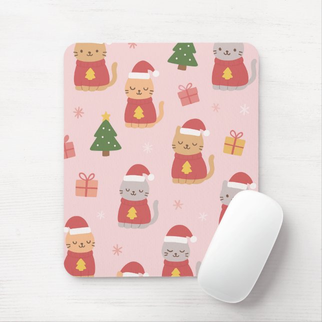 Cute Christmas Cats Pattern – Pink Holiday Design Mousepad (Mit Mouse)