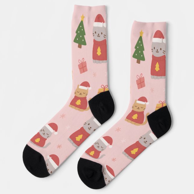 Cute Christmas Cats Pattern – Pink Holiday Design Socken (Linkes Detail)