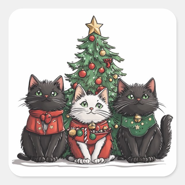 Cute Christmas Cats Quadratischer Aufkleber (Vorderseite)