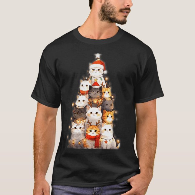Cute Christmas Cats Tree Lights Holiday Kittens Il T-Shirt (Vorderseite)