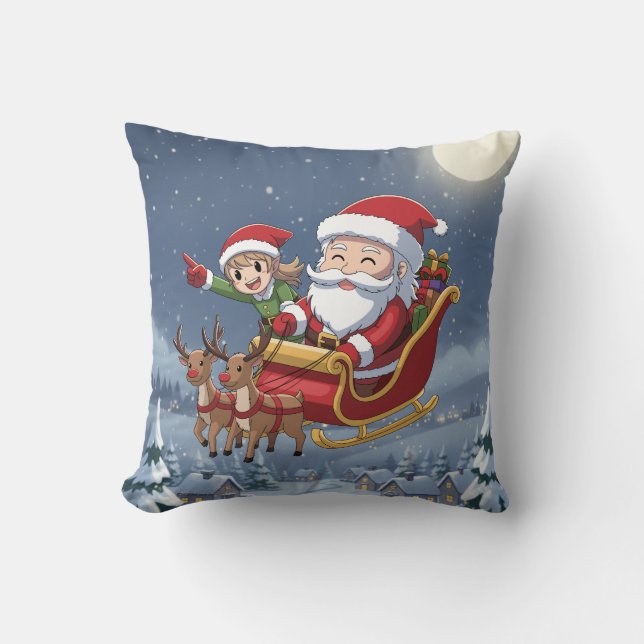 Cute Christmas Chibi Santa and Elf Pillow Kissen (Vorderseite)