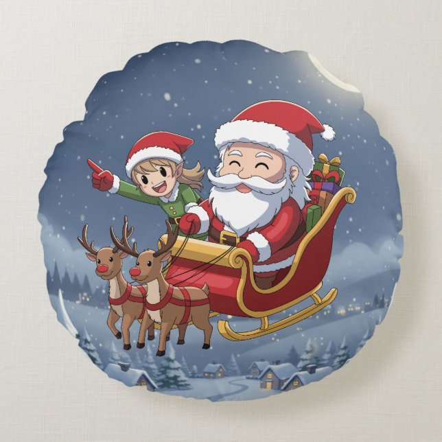 Cute Christmas Chibi Santa and Elf Round Pillow Rundes Kissen (Vorderseite)