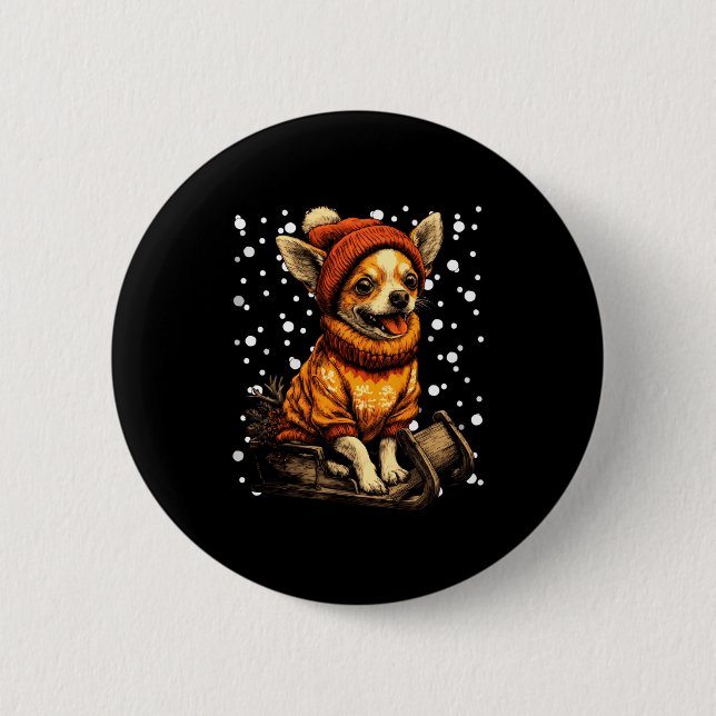 Cute Christmas Chihuahua Sledding In Snow Funny Wi Button (Vorderseite)