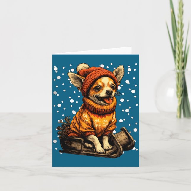 Cute Christmas Chihuahua Sledding In Snow Funny Wi Karte (Vorderseite)