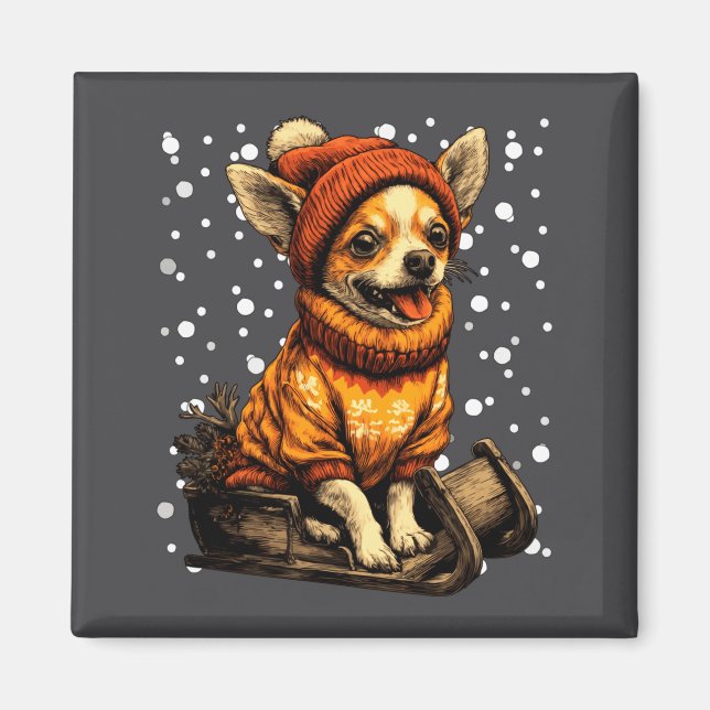 Cute Christmas Chihuahua Sledding In Snow Funny Wi Magnet (Vorne)