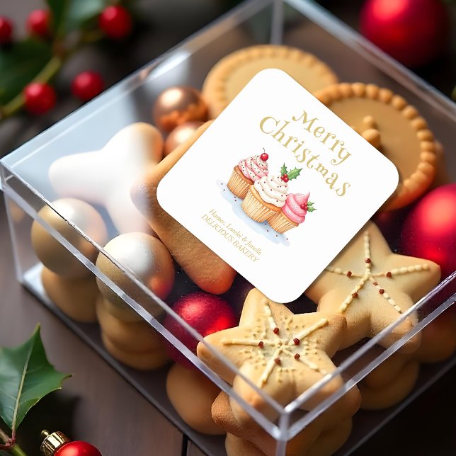 Cute Christmas Cupcakes Business Support Quadratischer Aufkleber (Cute Christmas Cupcakes Business Support Square Stickers.)