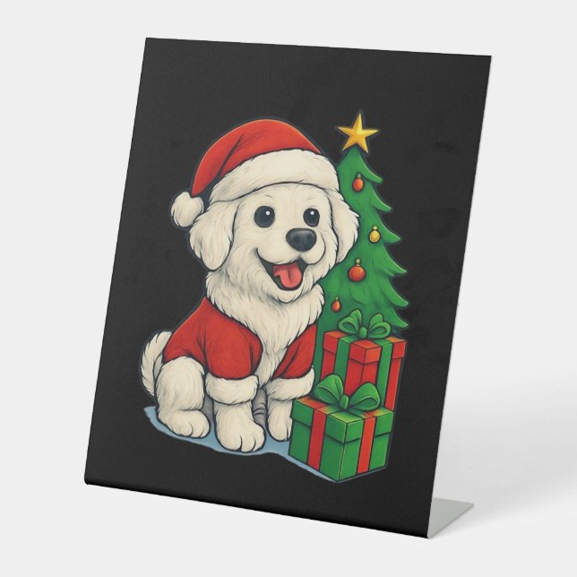 Cute Christmas Dog, Santa Hat Dog, With Christmas  Sockelschild (Vorderseite)