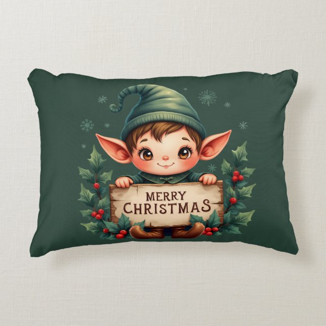 Cute Christmas Elf Holding Merry Sign Green Dekokissen (Vorderseite)