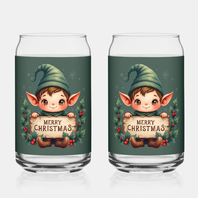 Cute Christmas Elf Holding Merry Sign Green Dosenglas (Vorderseite)