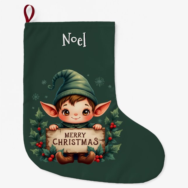 Cute Christmas Elf Holding Merry Sign Green Großer Weihnachtsstrumpf (Vorderseite)