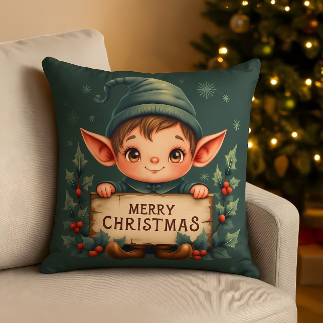 Cute Christmas Elf Holding Merry Sign Green Kissen (Cute Christmas Elf Holding Merry Sign Green Throw Pillow)