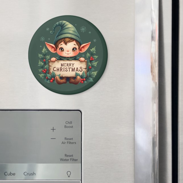 Cute Christmas Elf Holding Merry Sign Green Magnet (In Situ (Kühlschrank))